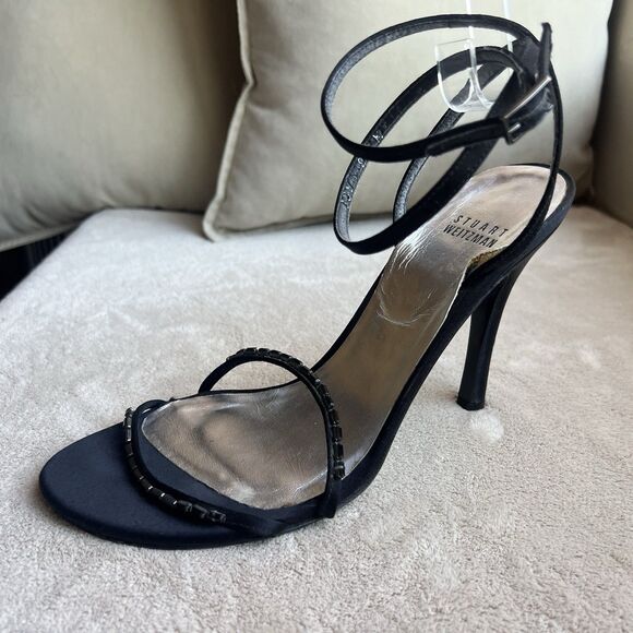 Stuart Weitzman Black Satin Embellished High Heel Strappy Sandals Women 8 Chic - Picture 2 of 16